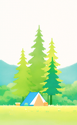 JPG 나무 라이프스타일 일러스트 하늘 휴식 수채화 아웃도어 텐트 초원 사람없음 연두색 여름풍경 캠핑 아이스박스 국내일러스트 AI일러스트 AI콘텐츠 식물 컨셉 레저 캠핑도구 풍경 생활 초록색 파일형식 여름_계절