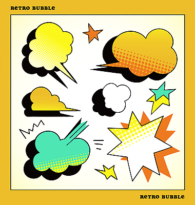 구름 말풍선 스티커 일러스트 사람없음 세트 주황색 복고 팝아트 버블 카툰스타일 엘리먼트 국내일러스트 AI파일 자연요소 컬러 그림 파일형식 벡터