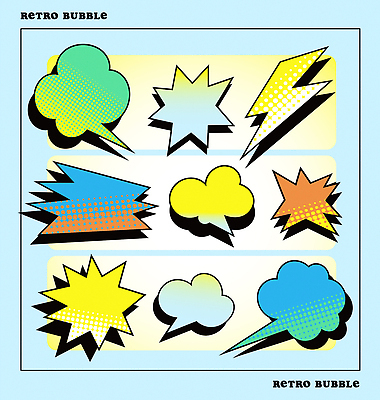 하늘색 말풍선 스티커 일러스트 사람없음 세트 복고 팝아트 버블 카툰스타일 번개모양 엘리먼트 국내일러스트 AI파일 모양 파란색 번개 그림 파일형식 벡터