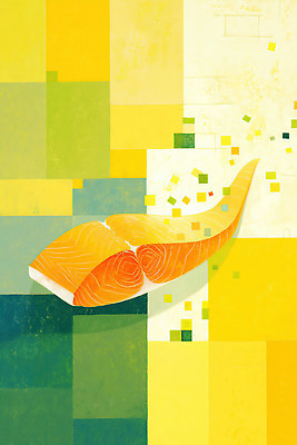 JPG 조각 일러스트 식재료 단면 추상 사람없음 노란색 사각형 연어 겹침 국내일러스트 AI일러스트 AI콘텐츠 도형 컬러 무늬 어류 파일형식