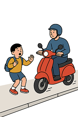 전신 남자 어린이 일러스트 책가방 경고 소년 성인 두명 놀람 오토바이 승차 헬멧 위험 충돌 교통사고 등하교 남자만 등원 국내일러스트 AI파일 감정 컨셉 가방 모션 표정 사람 바이크 보호장비 사건 파일형식 벡터