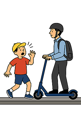 전신 남자 어린이 일러스트 경고 소년 성인 두명 놀람 승차 헬멧 위험 충돌 교통사고 등하교 백팩 캡모자 남자만 전동퀵보드 등원 국내일러스트 AI파일 모자_잡화 감정 육상교통 컨셉 가방 모션 표정 사람 보호장비 사건 퀵보드 파일형식 벡터