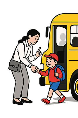 전신 여자 남자 어린이 일러스트 책가방 경고 미소 소년 성인 두명 손잡기 놀람 가리킴 잡기 승차 헬멧 위험 충돌 교통사고 스쿨버스 등하교 숄더백 캡모자 국내일러스트 AI파일 모자관계 모자_잡화 감정 아들 컨셉 가방 가족 모션 엄마 버스 표정 사람 손짓 보호장비 사건 파일형식 벡터