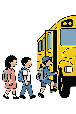전신 여자 남자 어린이 일러스트 책가방 미소 소녀 소년 세명 유치원생 승차 스쿨버스 등하교 캡모자 어린이만 등원 국내일러스트 AI파일 모자_잡화 가방 모션 버스 표정 사람 파일형식 벡터