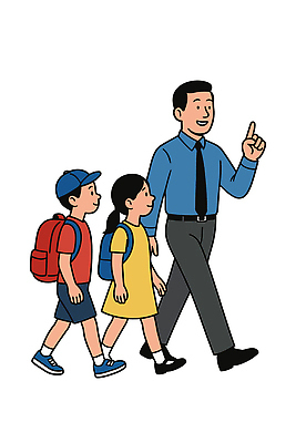 전신 여자 남자 어린이 일러스트 가족 책가방 미소 정장 소녀 소년 성인 세명 걷기 유치원생 가리킴 출근 등하교 캡모자 등원 국내일러스트 AI파일 모자_잡화 옷 가방 관계 모션 표정 사람 손짓 출퇴근 파일형식 벡터