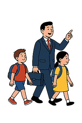 전신 여자 남자 어린이 서류가방 일러스트 가족 책가방 미소 들기 정장 소녀 소년 성인 세명 걷기 유치원생 가리킴 출근 등하교 등원 국내일러스트 AI파일 옷 가방 관계 모션 표정 사람 손짓 출퇴근 파일형식 벡터