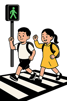 전신 여자 남자 어린이 일러스트 책가방 미소 소녀 소년 두명 손들기 걷기 유치원생 횡단보도 신호등 등하교 청신호 건너기 어린이만 등원 국내일러스트 AI파일 가방 모션 표정 사람 보행로 파일형식 벡터