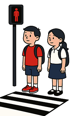전신 여자 남자 어린이 일러스트 책가방 미소 소녀 소년 두명 유치원생 기다림 횡단보도 신호등 등하교 적신호 어린이만 등원 국내일러스트 AI파일 가방 모션 표정 사람 보행로 파일형식 벡터