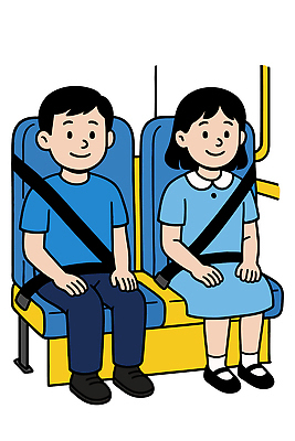 전신 여자 남자 어린이 의자 일러스트 미소 앉기 소녀 소년 두명 유치원생 스쿨버스 등하교 안전벨트 좌석벨트 어린이만 등원 국내일러스트 AI파일 가구 모션 버스 표정 안전 사람 파일형식 벡터