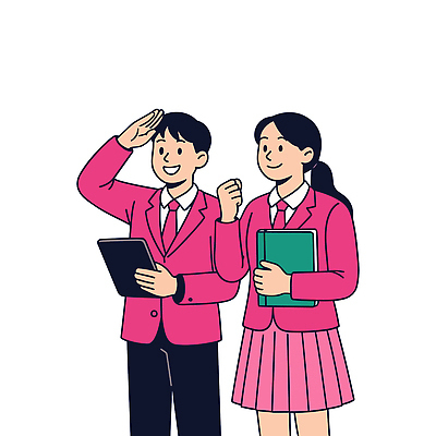 응시 여학생 여자 남자 교복 남학생 분홍색 일러스트 청소년 미소 들기 책 세명 태블릿 손들기 파이팅 합격기원 십대만 국내일러스트 AI파일 학생 시선 옷 컬러 모션 표정 사람 전자제품 스마트기기 합격 파일형식 벡터
