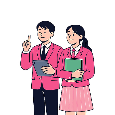여학생 여자 남자 교복 남학생 분홍색 일러스트 청소년 미소 들기 책 세명 가리킴 합격기원 십대만 국내일러스트 AI파일 학생 옷 컬러 모션 표정 사람 손짓 합격 파일형식 벡터