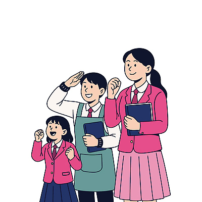 응시 여학생 여자 남자 교복 남학생 분홍색 일러스트 청소년 미소 들기 책 세명 손들기 파이팅 합격기원 십대만 국내일러스트 AI파일 학생 시선 옷 컬러 모션 표정 사람 합격 파일형식 벡터