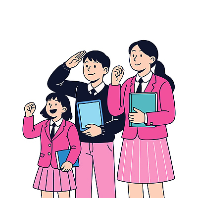 응시 여학생 여자 남자 교복 남학생 분홍색 일러스트 청소년 미소 들기 책 세명 손들기 파이팅 합격기원 십대만 국내일러스트 AI파일 학생 시선 옷 컬러 모션 표정 사람 합격 파일형식 벡터