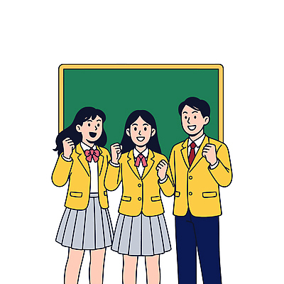 여학생 여자 남자 교복 남학생 일러스트 청소년 미소 세명 노란색 파이팅 칠판 합격기원 십대만 국내일러스트 AI파일 학생 옷 컬러 모션 표정 사람 합격 파일형식 벡터