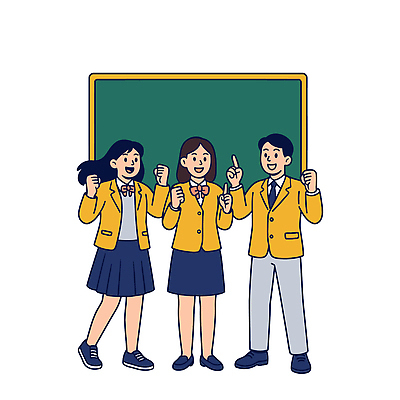 전신 여학생 여자 남자 교복 남학생 일러스트 청소년 미소 세명 노란색 파이팅 칠판 가리킴 합격기원 십대만 국내일러스트 AI파일 학생 옷 컬러 모션 표정 사람 손짓 합격 파일형식 벡터