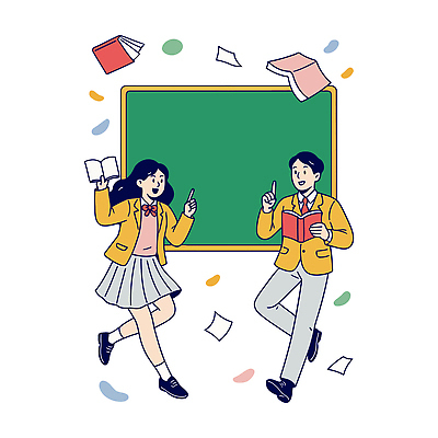 전신 여학생 여자 남자 교복 남학생 일러스트 청소년 미소 들기 두명 책 노란색 칠판 가리킴 합격기원 십대만 국내일러스트 AI파일 학생 옷 컬러 모션 표정 사람 손짓 합격 파일형식 벡터
