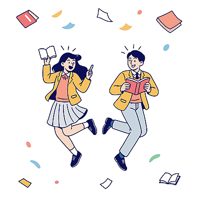 전신 여학생 여자 남자 교복 남학생 일러스트 청소년 미소 들기 두명 책 노란색 마주보기 점프 가리킴 합격기원 십대만 국내일러스트 AI파일 학생 옷 컬러 모션 표정 사람 손짓 합격 파일형식 벡터