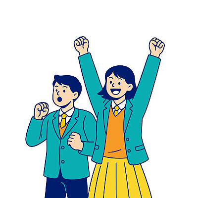 여학생 여자 남자 교복 남학생 일러스트 청소년 미소 두명 파이팅 만세 합격기원 십대만 국내일러스트 AI파일 학생 옷 모션 표정 사람 합격 파일형식 벡터