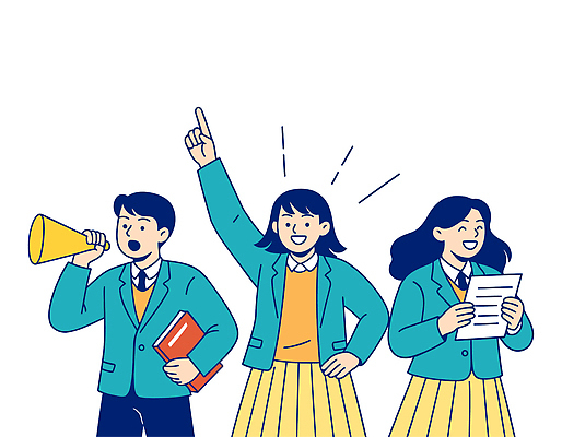 여학생 여자 남자 교복 남학생 일러스트 청소년 미소 들기 책 세명 확성기 가리킴 시험지 합격기원 십대만 국내일러스트 AI파일 학생 옷 모션 표정 사람 손짓 합격 파일형식 벡터