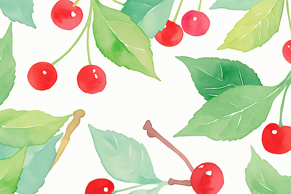 JPG 백그라운드 잎 패턴 일러스트 수채화 사람없음 연두색 체리 국내일러스트 AI일러스트 AI콘텐츠 식물 무늬 과일 초록색 파일형식