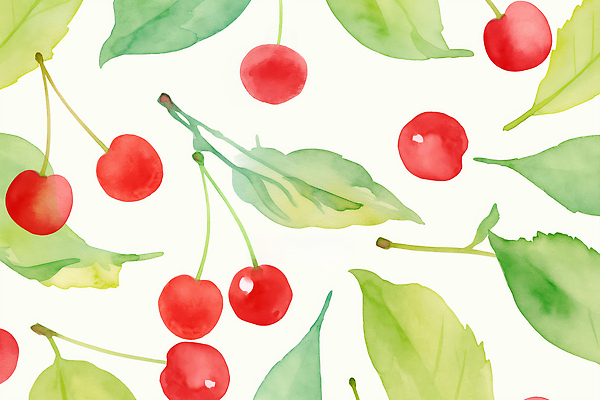 JPG 백그라운드 잎 패턴 일러스트 수채화 사람없음 연두색 체리 국내일러스트 AI일러스트 AI콘텐츠 식물 무늬 과일 초록색 파일형식