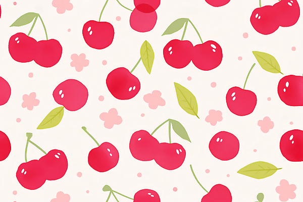JPG 꽃 분홍색 백그라운드 잎 패턴 일러스트 수채화 사람없음 체리 국내일러스트 AI일러스트 AI콘텐츠 식물 컬러 무늬 과일 파일형식
