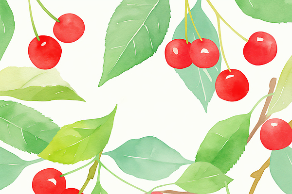 JPG 백그라운드 잎 패턴 일러스트 수채화 사람없음 연두색 체리 국내일러스트 AI일러스트 AI콘텐츠 식물 무늬 과일 초록색 파일형식