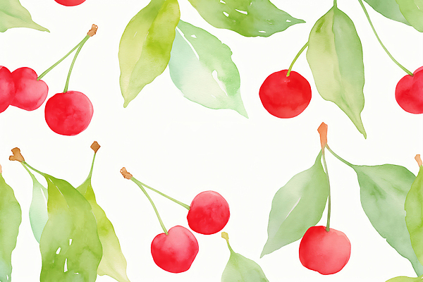 JPG 백그라운드 잎 패턴 일러스트 수채화 사람없음 연두색 체리 국내일러스트 AI일러스트 AI콘텐츠 식물 무늬 과일 초록색 파일형식