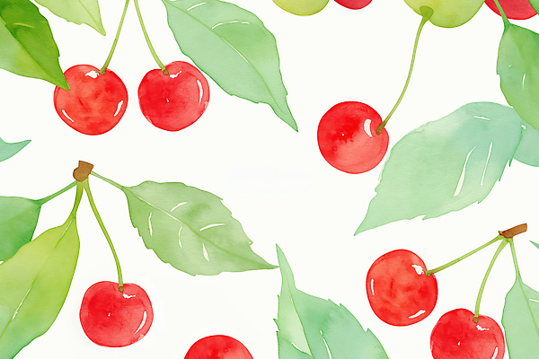 JPG 백그라운드 잎 패턴 일러스트 수채화 사람없음 연두색 체리 국내일러스트 AI일러스트 AI콘텐츠 식물 무늬 과일 초록색 파일형식