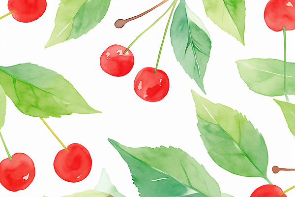 JPG 백그라운드 잎 패턴 일러스트 수채화 사람없음 연두색 체리 국내일러스트 AI일러스트 AI콘텐츠 식물 무늬 과일 초록색 파일형식