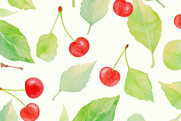 JPG 백그라운드 잎 패턴 일러스트 수채화 사람없음 연두색 체리 국내일러스트 AI일러스트 AI콘텐츠 식물 무늬 과일 초록색 파일형식