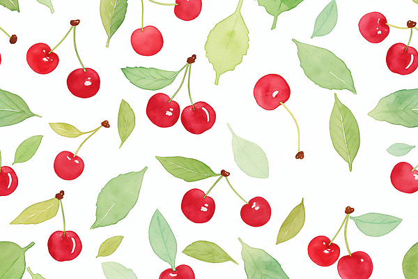 JPG 백그라운드 잎 패턴 일러스트 수채화 사람없음 연두색 체리 국내일러스트 AI일러스트 AI콘텐츠 식물 무늬 과일 초록색 파일형식