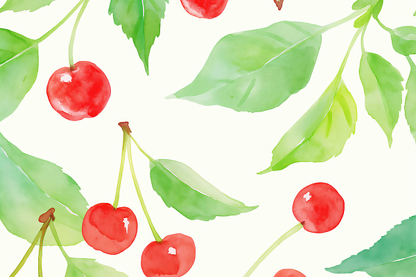 JPG 백그라운드 잎 패턴 일러스트 수채화 사람없음 연두색 체리 국내일러스트 AI일러스트 AI콘텐츠 식물 무늬 과일 초록색 파일형식