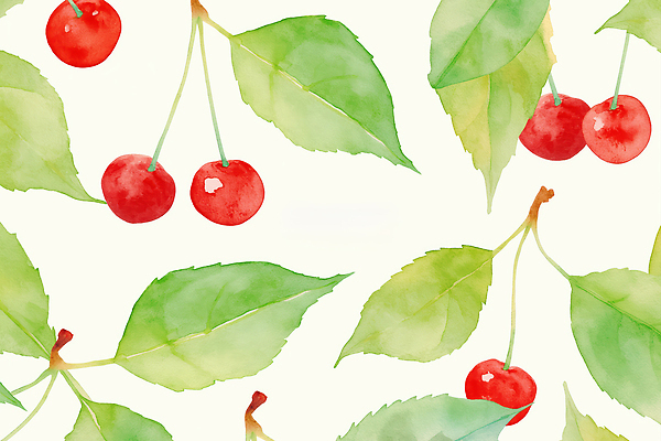 JPG 백그라운드 잎 패턴 일러스트 수채화 사람없음 연두색 체리 국내일러스트 AI일러스트 AI콘텐츠 식물 무늬 과일 초록색 파일형식