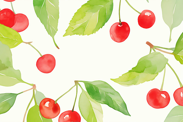 JPG 백그라운드 잎 패턴 일러스트 수채화 사람없음 연두색 체리 국내일러스트 AI일러스트 AI콘텐츠 식물 무늬 과일 초록색 파일형식