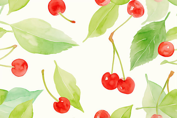 JPG 백그라운드 잎 패턴 일러스트 수채화 사람없음 연두색 체리 국내일러스트 AI일러스트 AI콘텐츠 식물 무늬 과일 초록색 파일형식