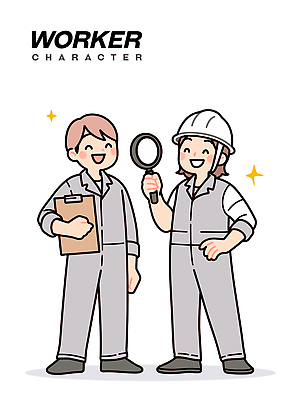 전신 남자 허리손 일러스트 돋보기 노동자 직업캐릭터 작업복 미소 들기 성인 두명 반짝임 회색 안전모 서류판 성인남자만 일러캐릭터 AI파일 직업 캐릭터 옷 컬러 포즈 모션 표정 사람 사무용품 헬멧 안전장비 남자만 성인만 파일형식 벡터