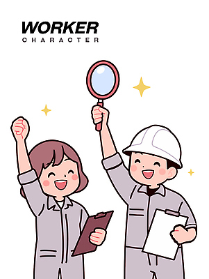 여자 남자 일러스트 돋보기 노동자 직업캐릭터 작업복 미소 들기 성인 두명 반짝임 만세 회색 안전모 서류판 성인만 일러캐릭터 AI파일 직업 캐릭터 옷 컬러 모션 표정 사람 사무용품 헬멧 안전장비 파일형식 벡터
