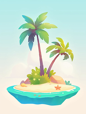 JPG 모래 바다 섬 일러스트 하늘 불가사리 사람없음 야자수 돌_바위 풀 국내일러스트 AI일러스트 AI콘텐츠 나무 식물 극피동물 파일형식