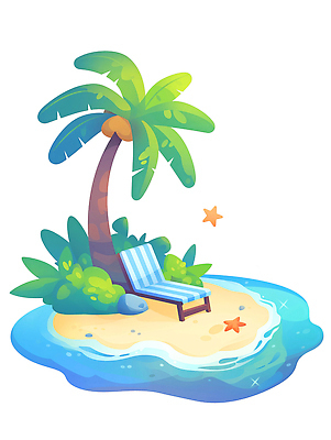 JPG 모래 바다 섬 일러스트 불가사리 사람없음 야자수 돌_바위 풀 국내일러스트 AI일러스트 AI콘텐츠 나무 식물 극피동물 파일형식