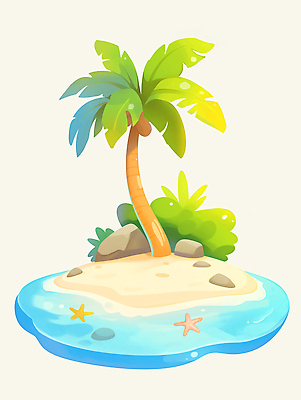 JPG 모래 바다 섬 일러스트 불가사리 사람없음 야자수 돌_바위 풀 국내일러스트 AI일러스트 AI콘텐츠 나무 식물 극피동물 파일형식