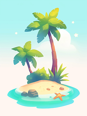 JPG 구름 모래 바다 섬 일러스트 하늘 불가사리 사람없음 야자수 돌_바위 풀 국내일러스트 AI일러스트 AI콘텐츠 자연요소 나무 식물 극피동물 파일형식