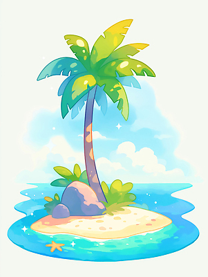 JPG 구름 모래 바다 섬 일러스트 불가사리 사람없음 야자수 돌_바위 풀 국내일러스트 AI일러스트 AI콘텐츠 자연요소 나무 식물 극피동물 파일형식