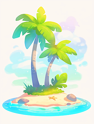 JPG 구름 모래 바다 섬 일러스트 불가사리 사람없음 야자수 돌_바위 풀 국내일러스트 AI일러스트 AI콘텐츠 자연요소 나무 식물 극피동물 파일형식