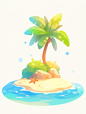 JPG 모래 바다 섬 일러스트 불가사리 사람없음 야자수 돌_바위 풀 국내일러스트 AI일러스트 AI콘텐츠 나무 식물 극피동물 파일형식