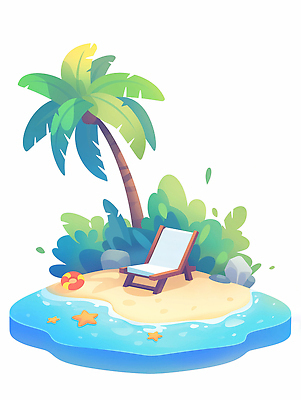 JPG 모래 바다 섬 일러스트 불가사리 사람없음 야자수 돌_바위 풀 선베드 튜브 국내일러스트 AI일러스트 AI콘텐츠 나무 식물 의자 극피동물 파일형식