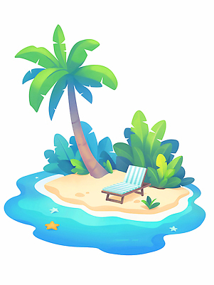 JPG 모래 바다 섬 일러스트 불가사리 사람없음 야자수 돌_바위 풀 국내일러스트 AI일러스트 AI콘텐츠 나무 식물 극피동물 파일형식