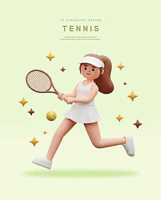 PSD 편집이미지 여자 3D캐릭터 한명 미소 들기 성인 연두색 반짝임 3D 테니스라켓 테니스공 스포츠캐릭터 썬캡 테니스복 성인여자한명만 휘두르기 편집3D 캐릭터 모자_잡화 1 공 모션 표정 사람 초록색 운동복 테니스 라켓 테니스용품 디지털합성 여자한명만 성인여자만 파일형식