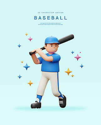 PSD 편집이미지 남자 하늘색 3D캐릭터 한명 미소 들기 성인 반짝임 3D 야구방망이 스포츠캐릭터 야구모자 야구복 성인남자한명만 야구화 휘두르기 편집3D 캐릭터 모자_잡화 1 운동화 모션 표정 사람 파란색 운동복 야구 야구용품 디지털합성 남자한명만 성인남자만 파일형식