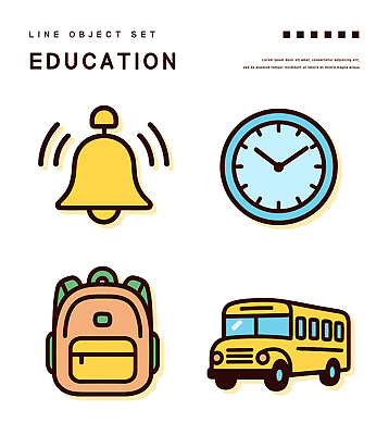 시계 스티커 일러스트 책가방 사람없음 세트 알람 종 스쿨버스 오브젝트 엘리먼트 국내일러스트 AI파일 가방 버스 파일형식 벡터